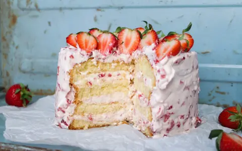 En saftig jordgubbstårta med fluffig grädde och färska jordgubbar. Ett perfekt tårta recept för sommaren.