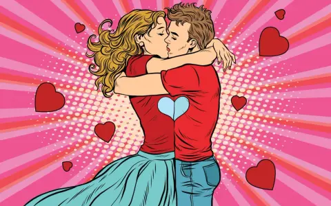 Para zakochanych w stylu pop-art, całująca się kobieta koziorożec z rozwianymi włosami i mężczyzna w objęciach, otoczeni serduszkami.