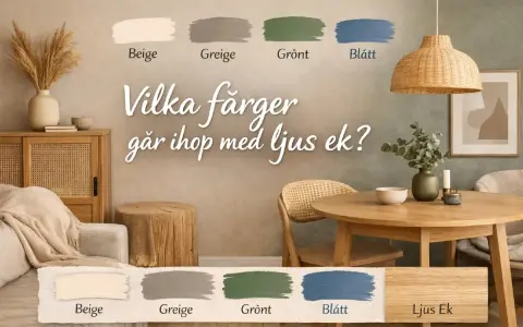 En inbjudande inredning med ljusa trädetaljer och en cool gray vägg. Färgprover visar beige, greige, grönt och blått som komplement.