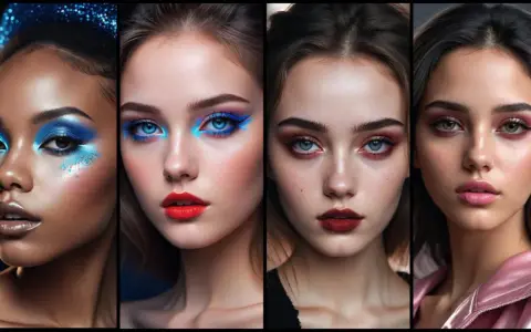 Quattro volti con trucco audace: blu elettrico, rosso acceso, bordeaux e rosa. Un omaggio al trucco anni 70.