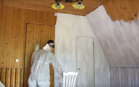 Osoba w kombinezonie maluje lakierowaną boazerię bez szlifowania na biało. Widać postęp prac na ścianie i suficie.