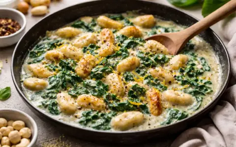 Eine cremige Gnocchi-Pfanne mit Spinat und geriebenem Käse, garniert mit Zitronenschale und Pfeffer. Ein köstliches Gericht, das zum Genießen einlädt.
