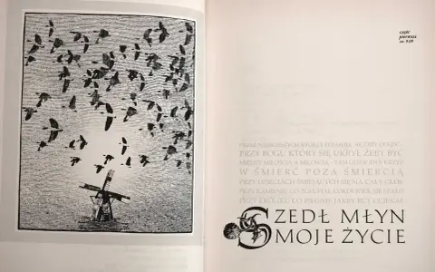 Dyzio marzyciel patrzy na wiatr w młynie i stado ptaków. Wiersz "Zjadł młyn moje życie" opowiada o przemijaniu.