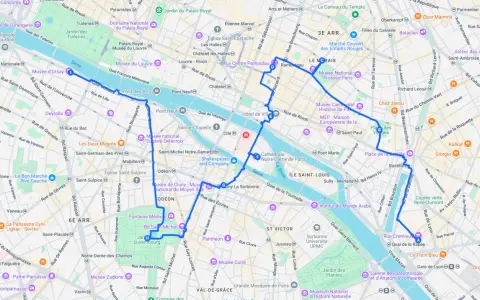Itinéraire pour visiter Paris en 4 jours, passant par le Louvre, Notre-Dame, le Marais et Bastille.
