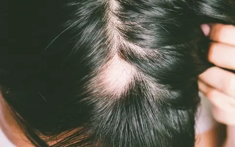 Plaque d'alopécie sur le cuir chevelu, révélant une peau pâle au milieu de cheveux foncés.