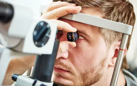 Mężczyzna podczas badania okulistycznego. Lekarz używa urządzenia do angiografii fluoresceinowej, aby zbadać jego oko.