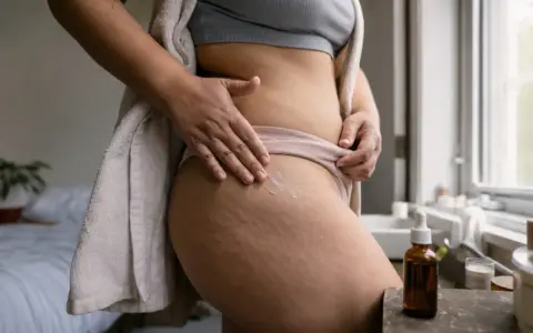 Kobieta aplikuje krem na uda, gdzie widoczne są rozstępy. W tle buteleczka z serum, być może z **retinolem na rozstępy**.
