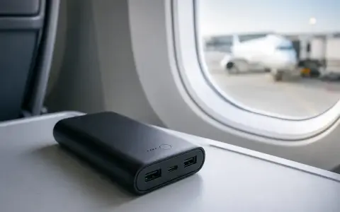 Czarny powerbank na stoliku w samolocie, z widokiem na samolot przez okno.