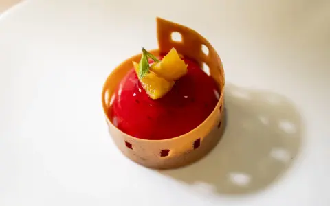 A red berry mousse dessert with orange zest and mint, presented in a decorative pastry shell on a white plate.