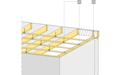 Detaljerad illustration av hur man bygger innertak med träbjälkar och isolering.