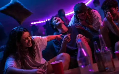 Ungdomar skrattar och har kul på en fest, kanske med kluriga gåtor till festen. Ljusen är lila och blå.