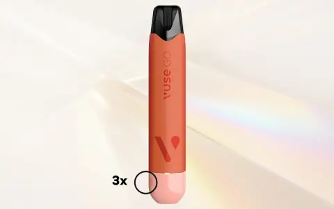 Vuse Go, un dispositivo con nicotina, en color naranja con detalles en rosa.