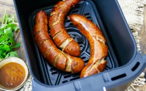 Drei frische grobe Bratwürste garen in einem Airfryer. Daneben eine Schale mit Dip und Petersilie.