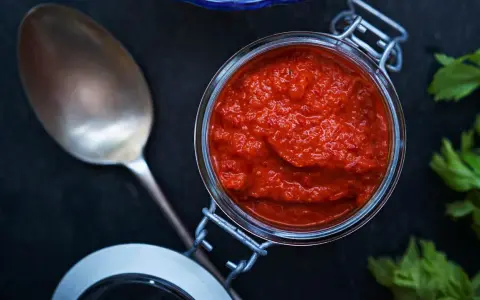 En burk med kryddig mojo rojo bredvid en sked och selleri. Perfekt för att ge smak till maten.
