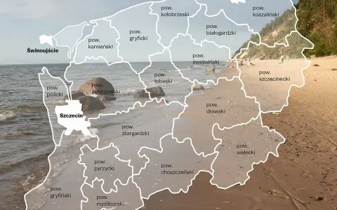 Mapa administracyjna **zachodnio pomorskie** z zaznaczonymi powiatami na tle plaży i morza.
