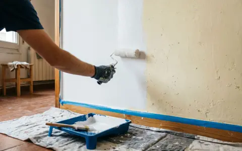 Hombre pintando una pared lisa de blanco con rodillo. Bandeja de pintura y brocha a la vista.