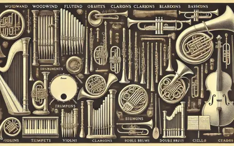 Wspaniała kolekcja instrumentów muzycznych, od harfy i organów po trąbki i skrzypce. Każdy instrument na zdjęciu to dzieło sztuki.