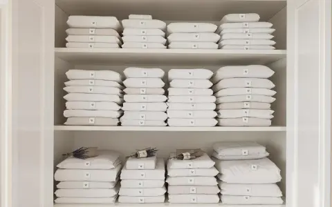 Étagères remplies de linge de lit blanc et beige plié. Une astuce rangement linge de lit pour une organisation parfaite.