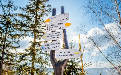 Rozdroże szlaków turystycznych. Widać drogowskazy do Wisły Czarnej, Skoczni Adama Małysza i Wisły Malinka.