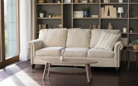 En bekväm soffa framför en bokhylla som ger inspiration. En ljus och inbjudande sittgrupp med en träbricka och doftpinnar.