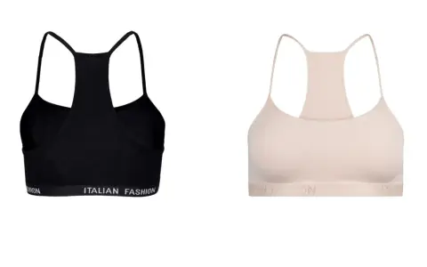 Czarny i beżowy biustonosz sportowy z napisem "ITALIAN FASHION". Idealny pierwszy biustonosz dla młodej kobiety.