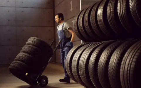 Un operaio trasporta pneumatici su un carrello, pronto per la manutenzione pneumatici. Scaffali pieni di gomme sullo sfondo.