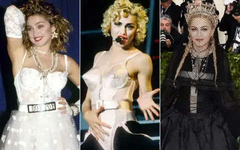 Ikony stylu lat 80. zagraniczne: Madonna w białej sukni, w stroju scenicznym i w czarnej kreacji z welonem.