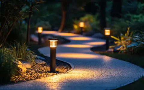 Oświetlenie ogrodu inspiracje: ścieżka w ciemności rozświetlona przez nowoczesne lampy, tworzące magiczną atmosferę.