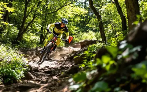 Kolarz MTB w żółtym stroju zjeżdża po kamienistym szlaku. Zastanawiasz się, jaka średnia prędkość na rowerze MTB na takim terenie?