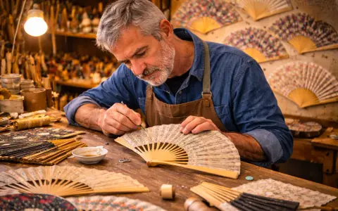Un artisan expérimenté, au cœur de son atelier, déploie son savoir faire artisanal pour peindre délicatement un éventail.