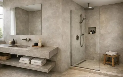 Salle de bain moderne avec lavabo suspendu, douche à l'italienne et **béton ciré sol** pour une ambiance épurée.