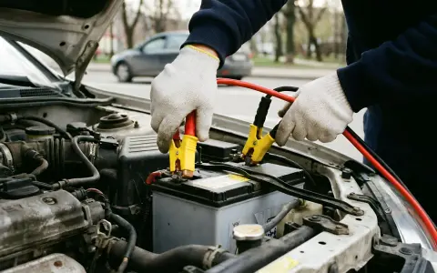 Person mit Handschuhen schließt Starthilfe-Kabel an Autobatterie an. ADAC-Hilfe ist oft die Lösung bei Pannen.