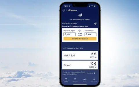 Lufthansa-appen visar alternativ för att köpa lufthansa wifi-paket för en flygning mellan FRA och BER.