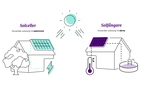 Schema som visar hur fungerar solceller och solfångare. Solceller omvandlar solljus till el, solfångare värmer vatten.