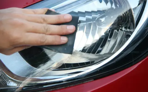 Dłoń z papierem ściernym poleruje reflektor. Po takim zabiegu warto pomyśleć, czym zabezpieczyć lampy po polerowaniu, by efekt był trwały.