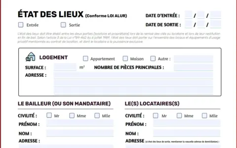 Formulaire d'état des lieux de sortie pour un logement, incluant les détails du locataire et du propriétaire.
