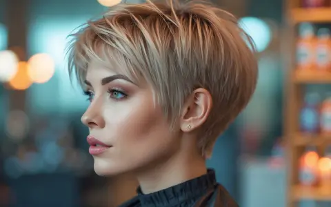 Kobieta z blond, krotkimi wlosami i delikatnym makijażem patrzy w bok.