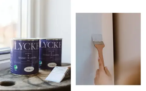 Måla gammalt skåp med ljusblå snickeri- och lackfärg från Lycke. En pensel drar ett jämnt lager färg.