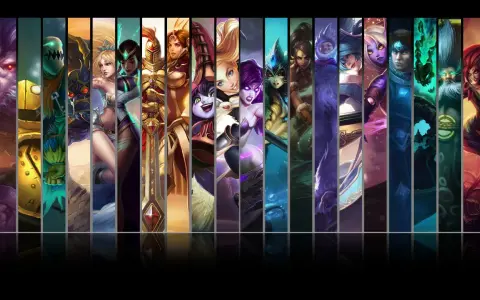 Komiksowa mozaika postaci z gry League of Legends, przedstawiająca bohaterów w pionowych pasach.