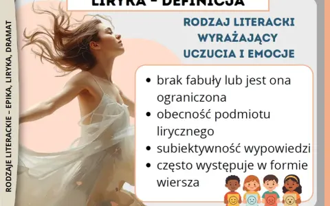 Liryka – rodzaj literacki wyrażający uczucia i emocje, często w formie wiersza. Obraz przedstawia tańczącą kobietę, symbolizującą wolność i ekspresję.