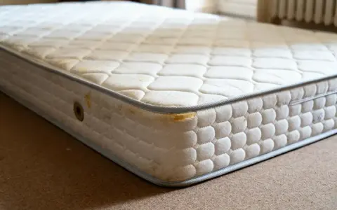 Matelas usagé, taché, avec des signes de dégradation. Le polyuréthane peut présenter un danger s'il est mal ventilé ou décomposé.