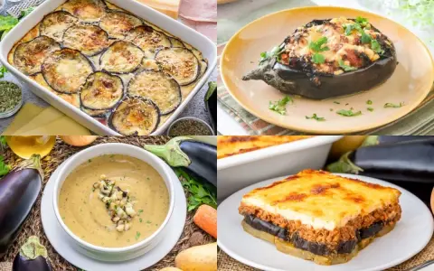 Variedad de recetas con berenjenas: pastel horneado, berenjena rellena, sopa cremosa y moussaka.