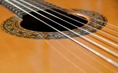 Zbliżenie na gitarę klasyczną. Sześć białych strun biegnie nad ozdobną rozetą.