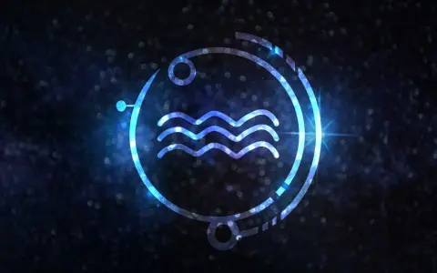Symbol Wodnika, czyli trzy fale, otoczony neonowym okręgiem na tle kosmosu.