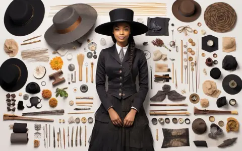 Une jeune femme, une modiste, pose entourée d'outils et de matériaux pour la création de chapeaux.