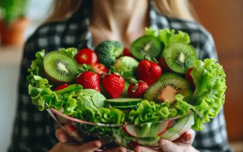 Miseczka pełna świeżych owoców i warzyw, jak kiwi, truskawki, pomidorki, sałata. Czy to zdrowa dieta, czy już ortoreksja?