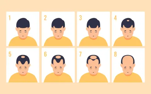 Illustration montrant les 8 stades de la calvitie héréditaire, de la chevelure complète à la calvitie totale.