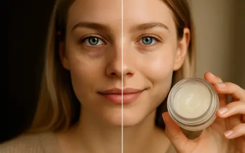 Vorher-Nachher-Vergleich: Eine Frau mit Augenringen links, rechts mit strahlender Haut. Vaseline gegen Augenringe für einen frischen Blick.