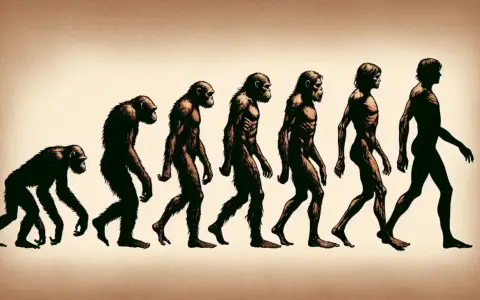 Esquema de la evolución del hombre: simios encorvados se transforman gradualmente en humanos bípedos.