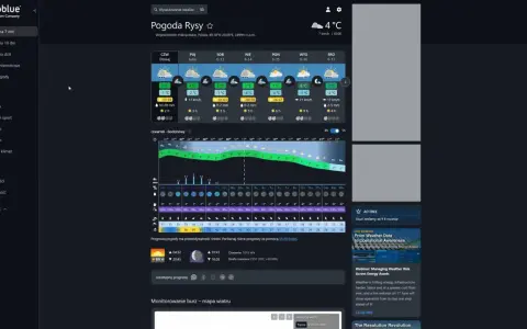 Aplikacja ze szlakami górskimi: prognoza pogody dla Rysów, z godzinowym wykresem temperatury i opadów.